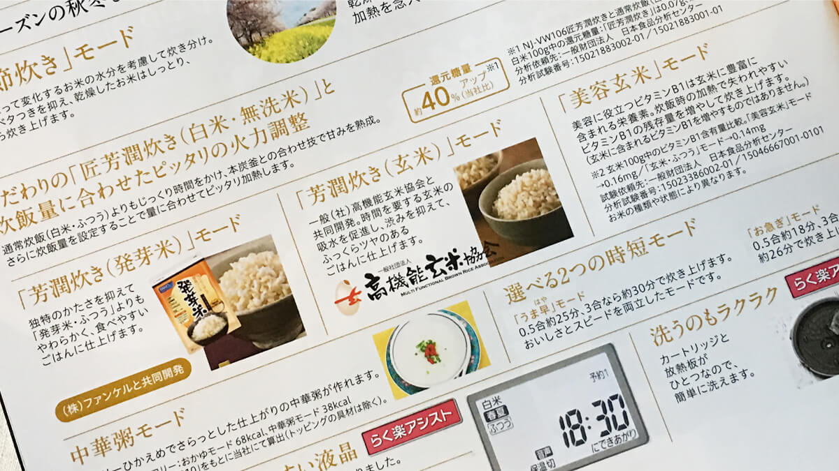 三菱の炊飯器の芳潤炊き（発芽米、玄米）、美容玄米モード