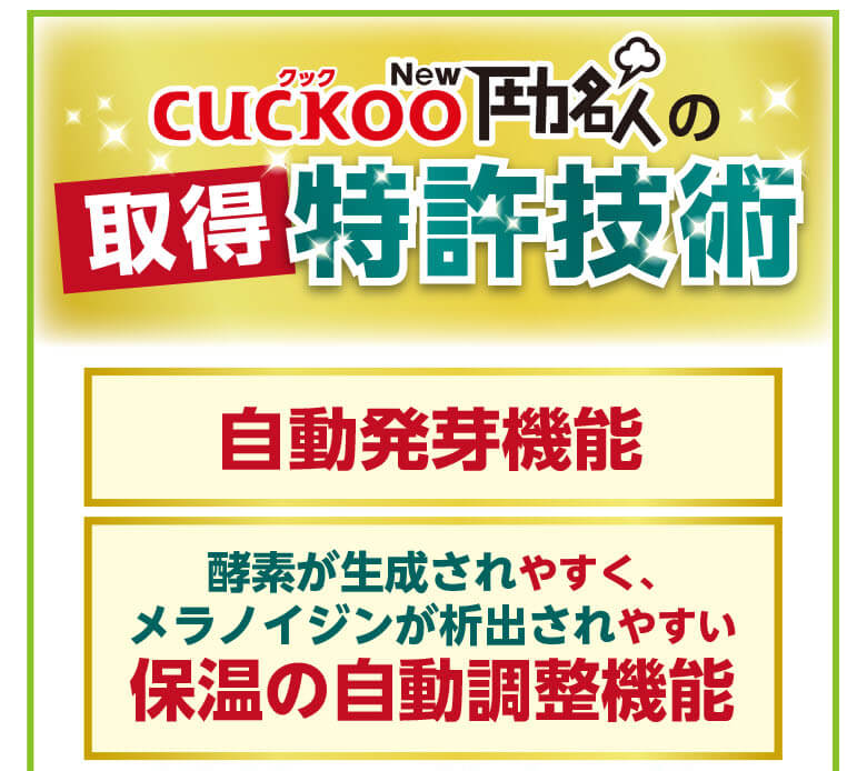 CUCKOO クック New圧力名人は、発芽玄米をつくる機能で、特許取得。