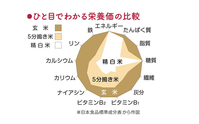 玄米、白米、５分づき米の栄養価の比較